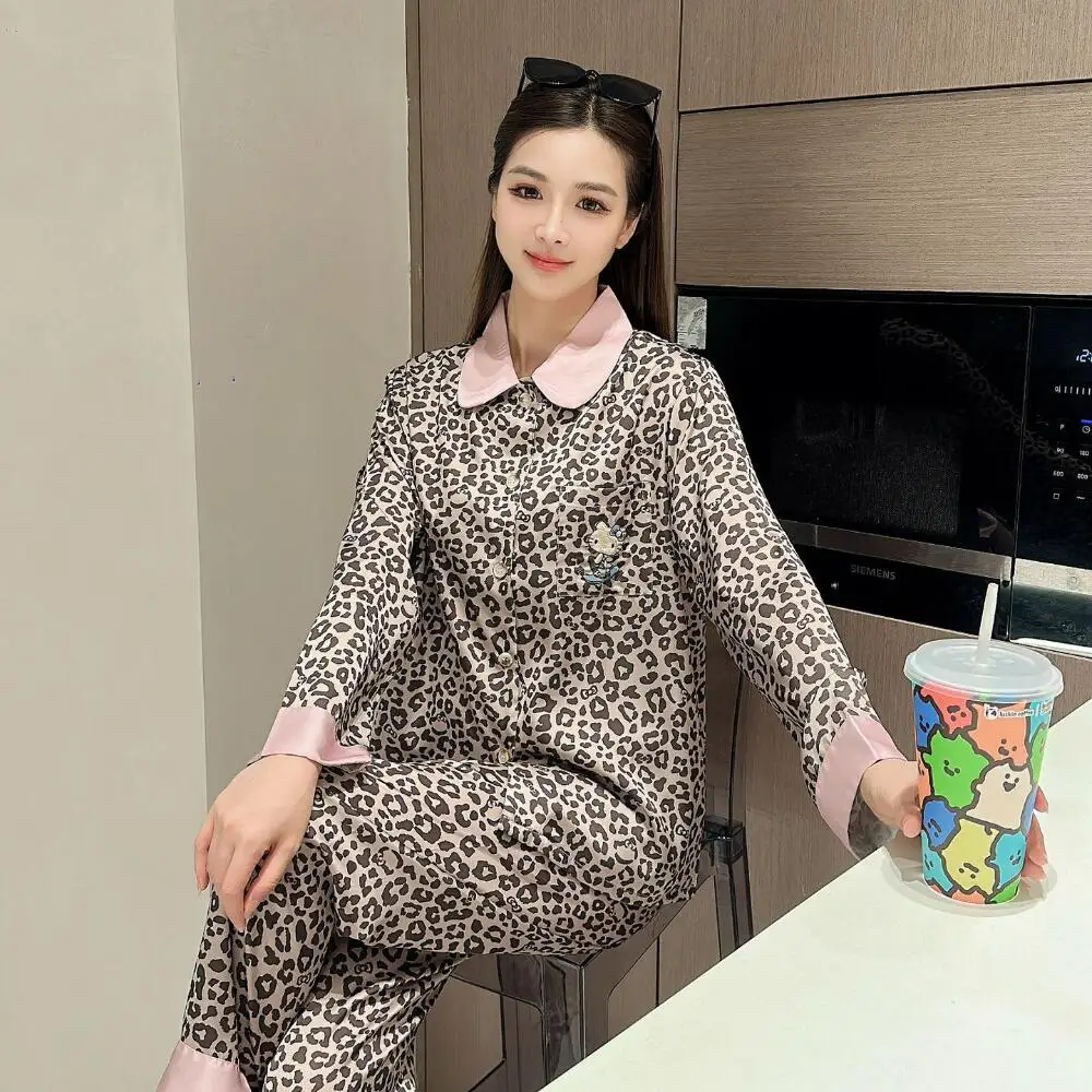 

Kawaii Leopard Print Hellokitty Sleepwear Women Autumn Ice Silk Long Sleeved Pants Home Wear Set for Girl Comfort Soft Clothing