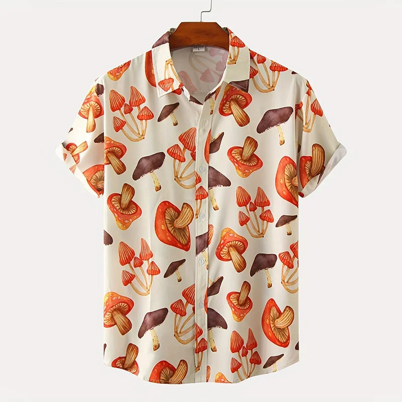 2024 new mushroom print fashion men's shirt daily comfortable casual lapel men's top street handsome large size men's short-slee