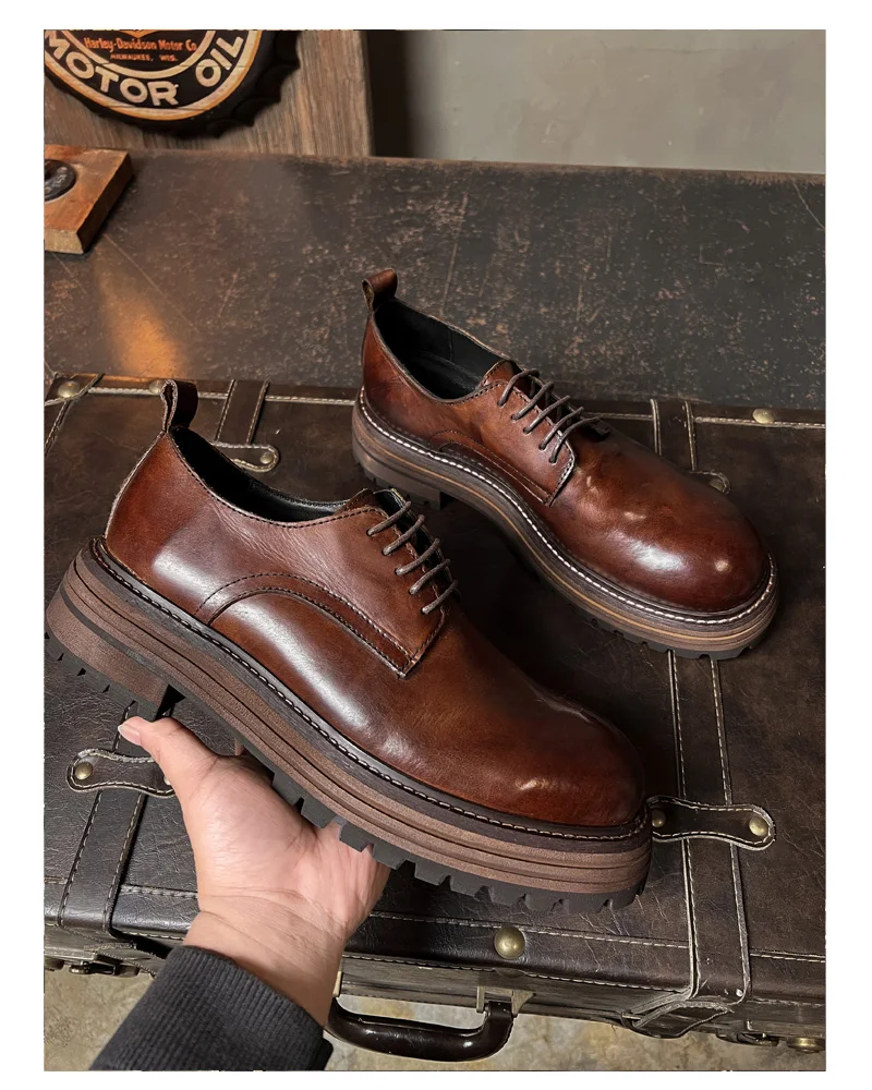 Retro Men's Leather Shoes Big Head Handmade Genuine Leather Men's Shoes Casual Derby Shoes