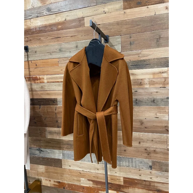 High Quality Double Sided Cashmere Water Ripple Coat Women Cropped Wool Loose Jacket Bathrobe Autumn Winter Female Outerwear