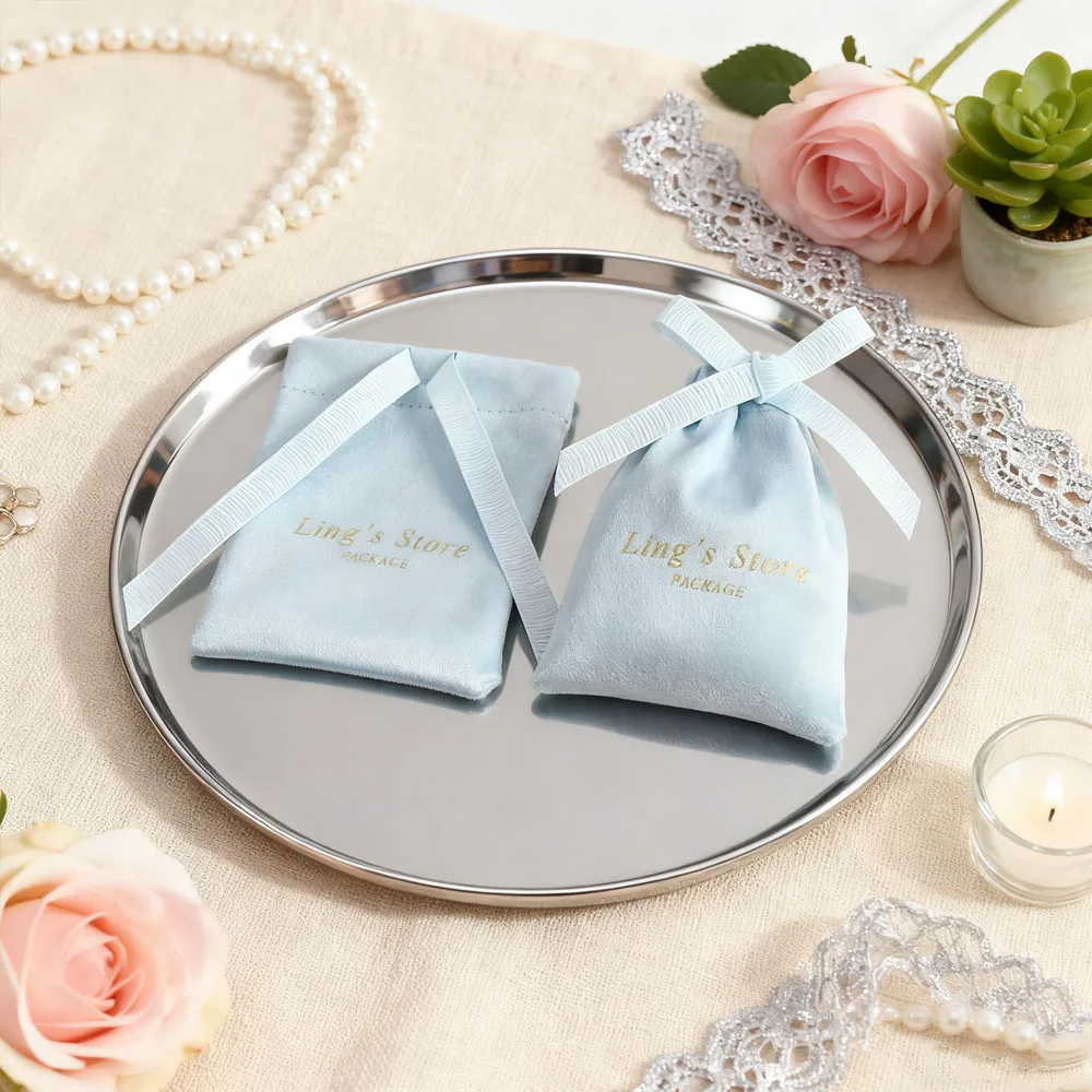 

50 шт., детская синяя ювелирная фланелевая сумка с логотипом, средняя сумка с лентой из репсовой ленты и бантом для серег, кольца, браслета, сумки с подвеской