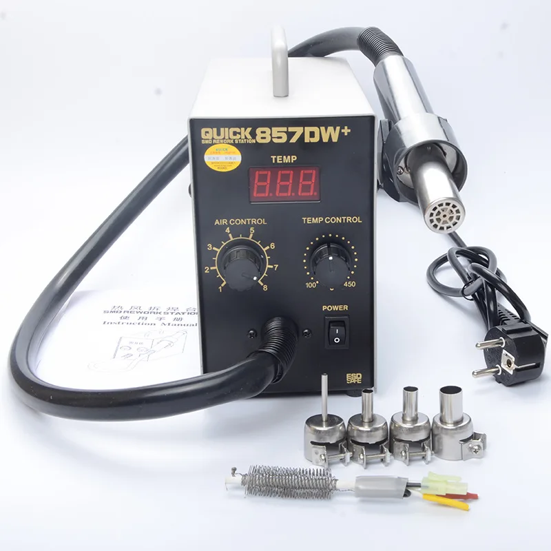 QUICK 857DW+ Regulowana stacja lutownicza z gorącą wiatrówką Podgrzewacz spiralny Wiatrak pneumatyczny Stacja lutownicza SMD