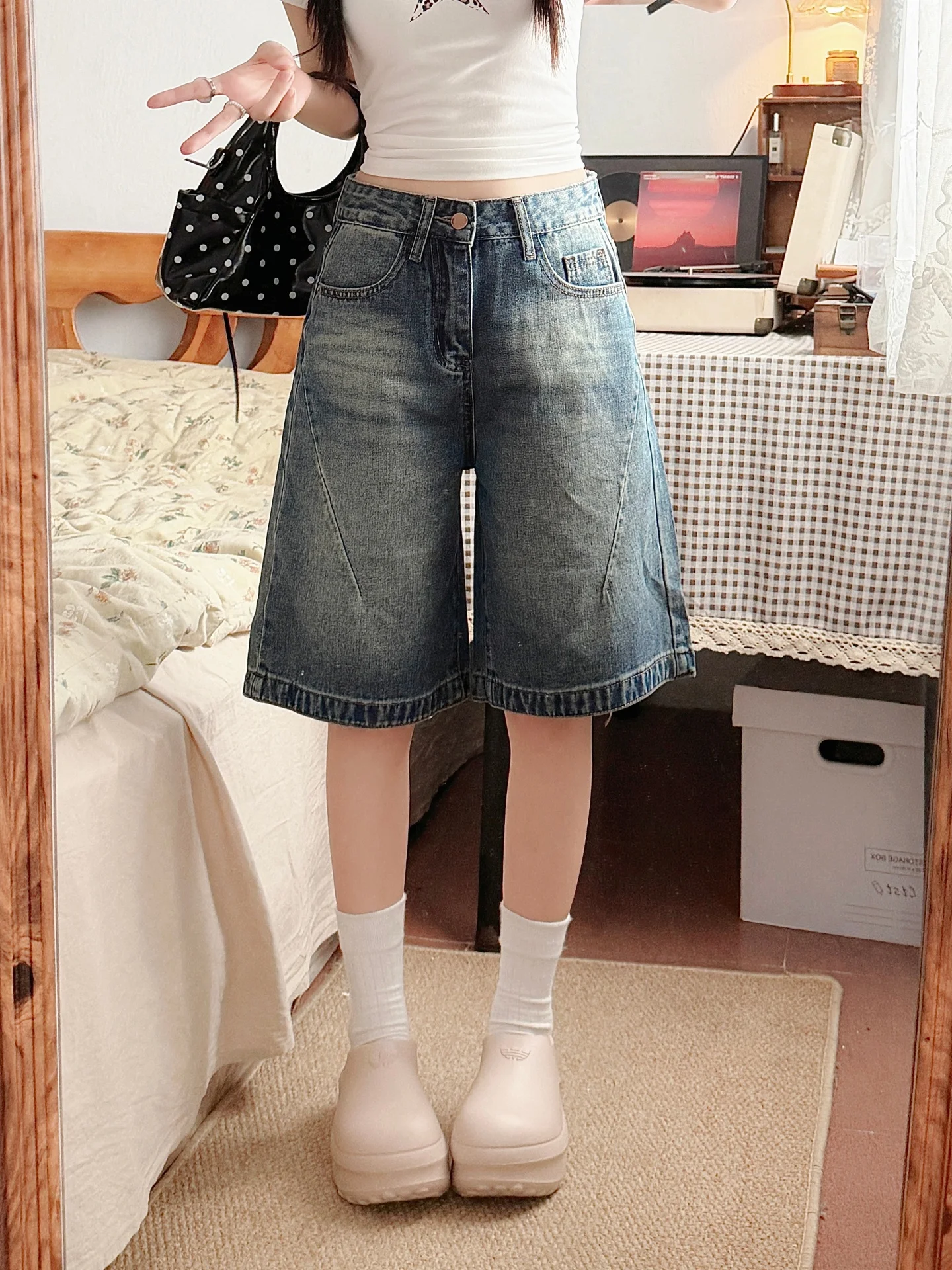 American Style Five-Point Jeans Shorts Women Summer Thin Wide Leg Loose Small Size Straight Tube Mid-Pants High Waist Wide Le...