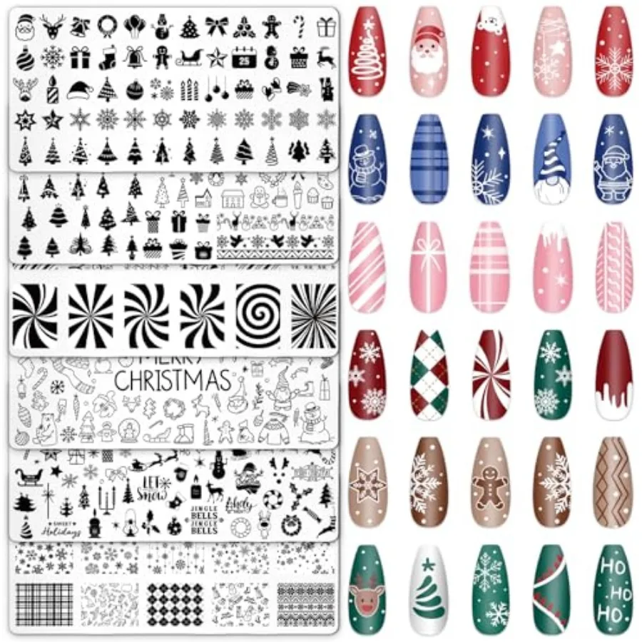 

6Pcs Nail Plates Stamping Set Xmas Tree Snowflake Snowman Stamp Templates Nail Art Plates for Winter DIY Print Manicure Salon D