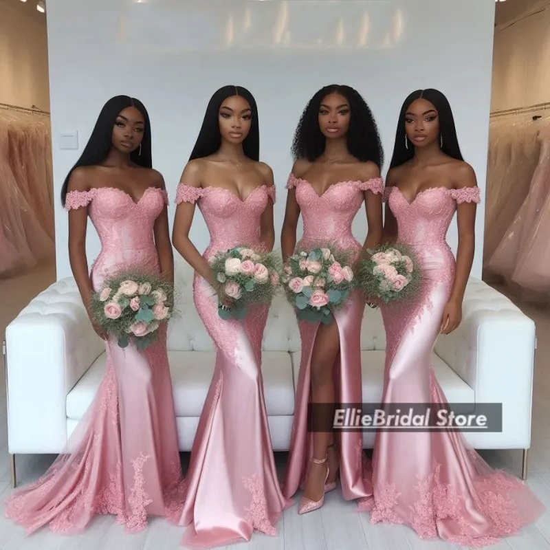 

Pink Bridesmaid Dresses For Weddings Short Sleeves Lace Applique Maid Of Honor Gowns robe de mariage femme d'honneur Customized