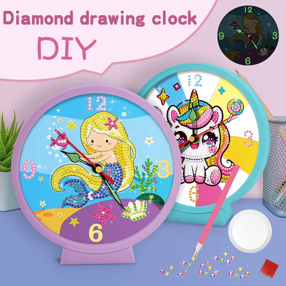 

DIY Pink Unicorn Children's Alarm Clock with Diamond Embroidery and Handmade Decoration - Mermaid Cute Table Clock with Luminous