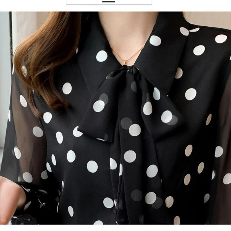 Spring Summer Polka Dot Printing Chiffon Shirt Women Fashion Turn-down Collar Bow Long Sleeve Blouse Female Single Breasted Tops