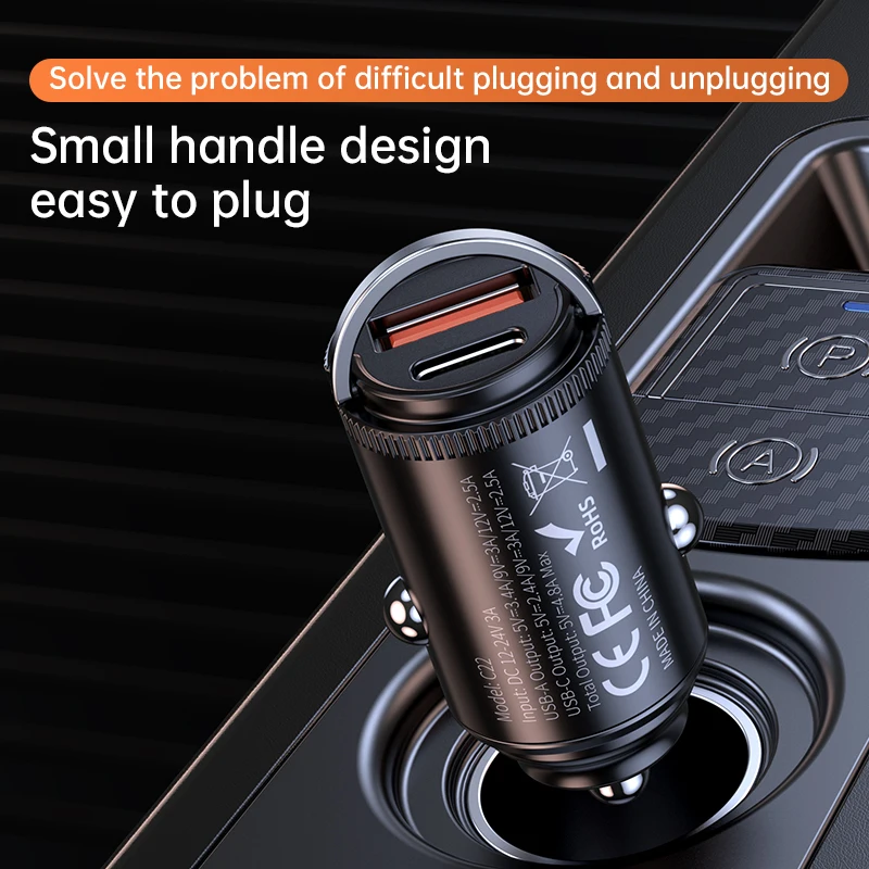 The 2026 new upgraded dual port mini USB car charger features fast charging, a pull ring design, and is compatible with Phone 17