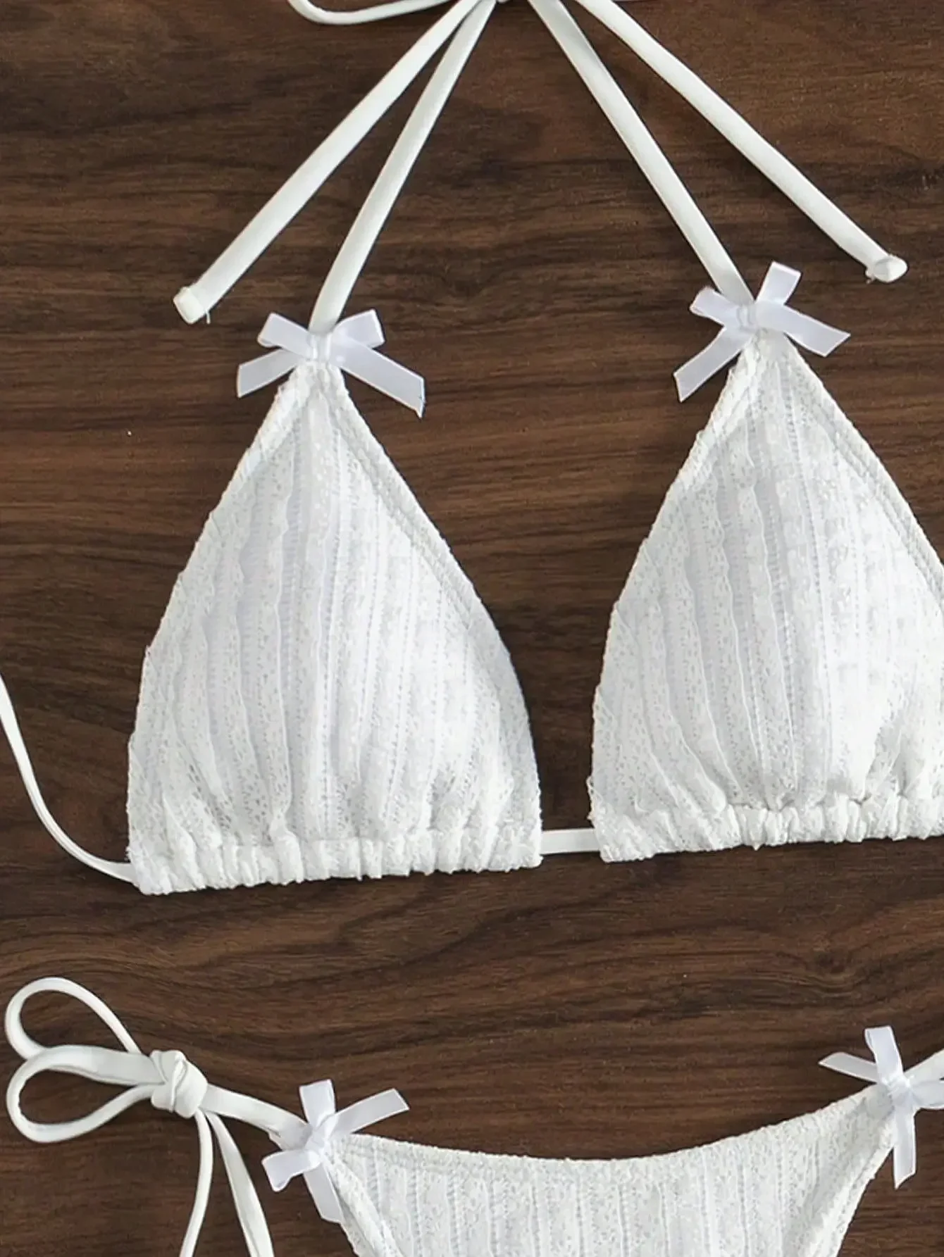 2025 New Solid Color White 2 Piece Swimsuit Sexy Bow Triangle Halter Backless Bikini Set Lace-up Thong Bathing Suit Swimwear