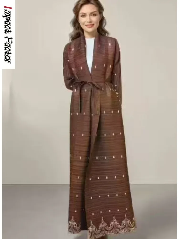 Miyake Pleated Muslim Fashion Printed Cardigan Women's Robe Cape Jacket Long Trench Coat