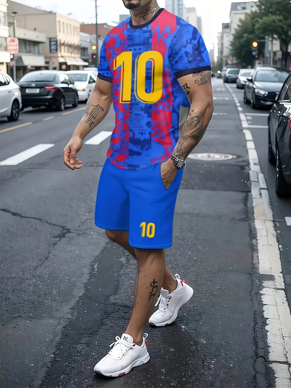 

New breathable men's size 10 creative pattern printed T-shirt and shorts set for football matches, party training, 2-piece set