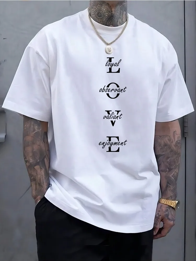 Men Summer Navy LOVE Letter Print T Shirt Loyal Observant Valiant Enjoyment Crew Neck Loose Casual Streetwear Daily Fashion Tops