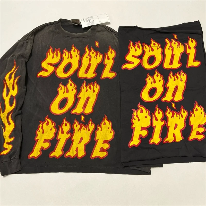 

Men Women New T Shirt Saint English Letter Flame Cracked Print Round Neck Long Sleeved Washed Water Vintage Tee