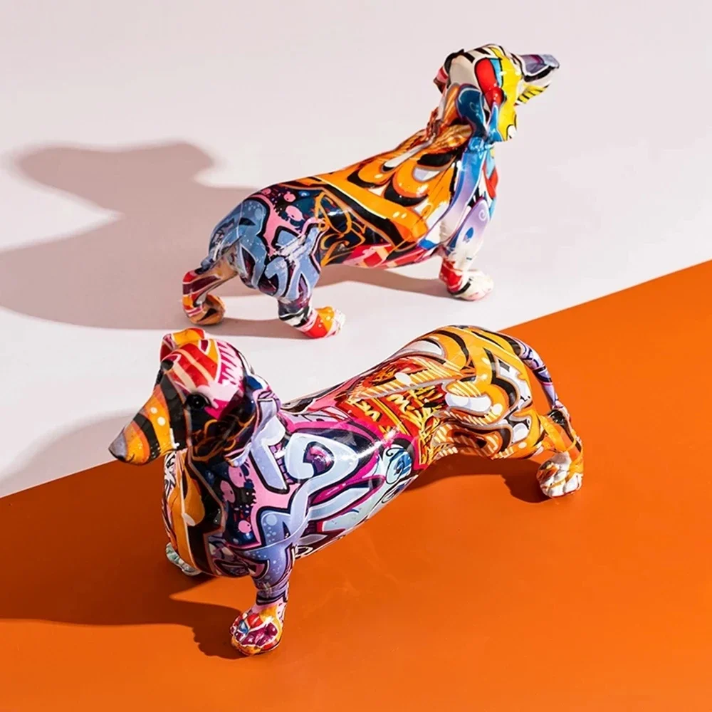 

New Nordic Style Dachshund Statue Modern Graffiti Art Home Decoration Room Bookshelf TV Cabinet Decoration Animal Ornament Resin