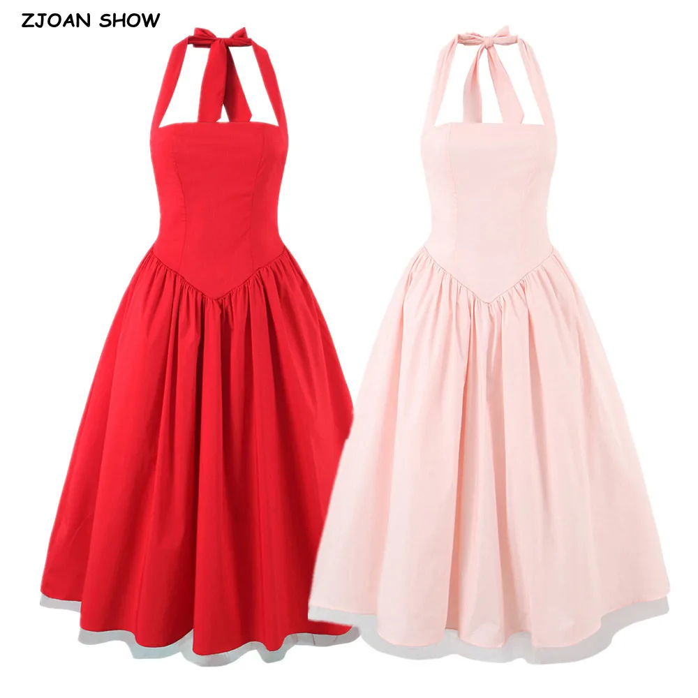 섹시한 레드 타이 보우 홀터 슬래시 칼라 슬링 드레스 여성용 로우 웨이스트 A라인 플리츠 스윙 롱 백리스 메쉬 안감 파티 드레스