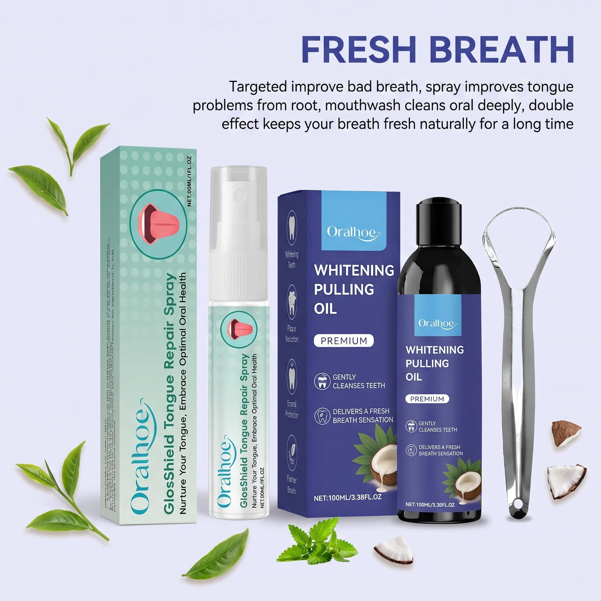 Oral Care Kit Tongue Relief Spray Fresh Breath Coconut Mint Mouthwash With Tongue Scraper Oral Hygiene Care Gentle Mouth Cleaner