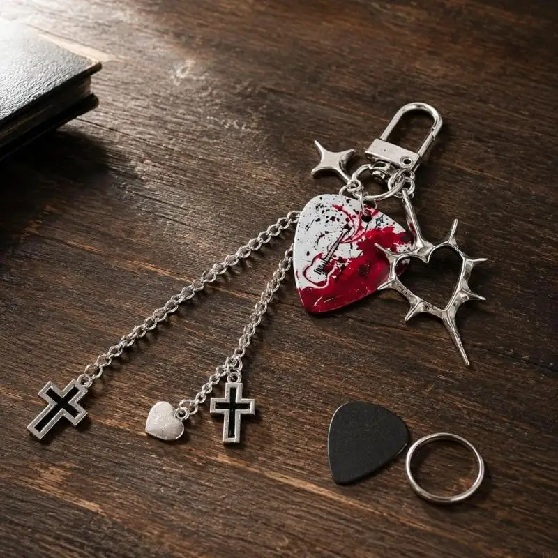 195C Guitar Pick Keychain with Swivels Hook, and Chain Links, Heart-Accent Accessory, Alloy Keyring, Bag Purse Charm for