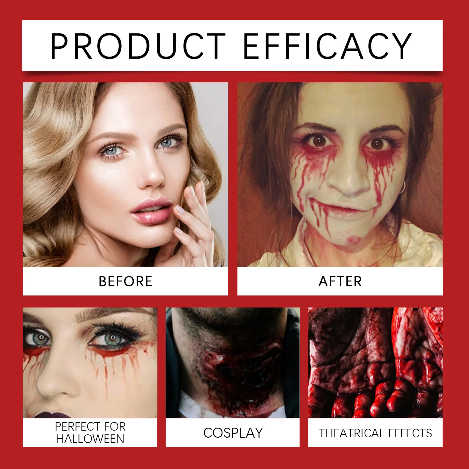 Professional Halloween Fake Blood Spray Coagulated Blood Gel Kit Vampire Teeth Fangs Moldable Glue FX Sponge Applicators SFX Makeup Set Realistic Fake Blood Splatter Washable Costume Party Prop Accessories for Adults Kids Cosplay Horror Stage Drama Film