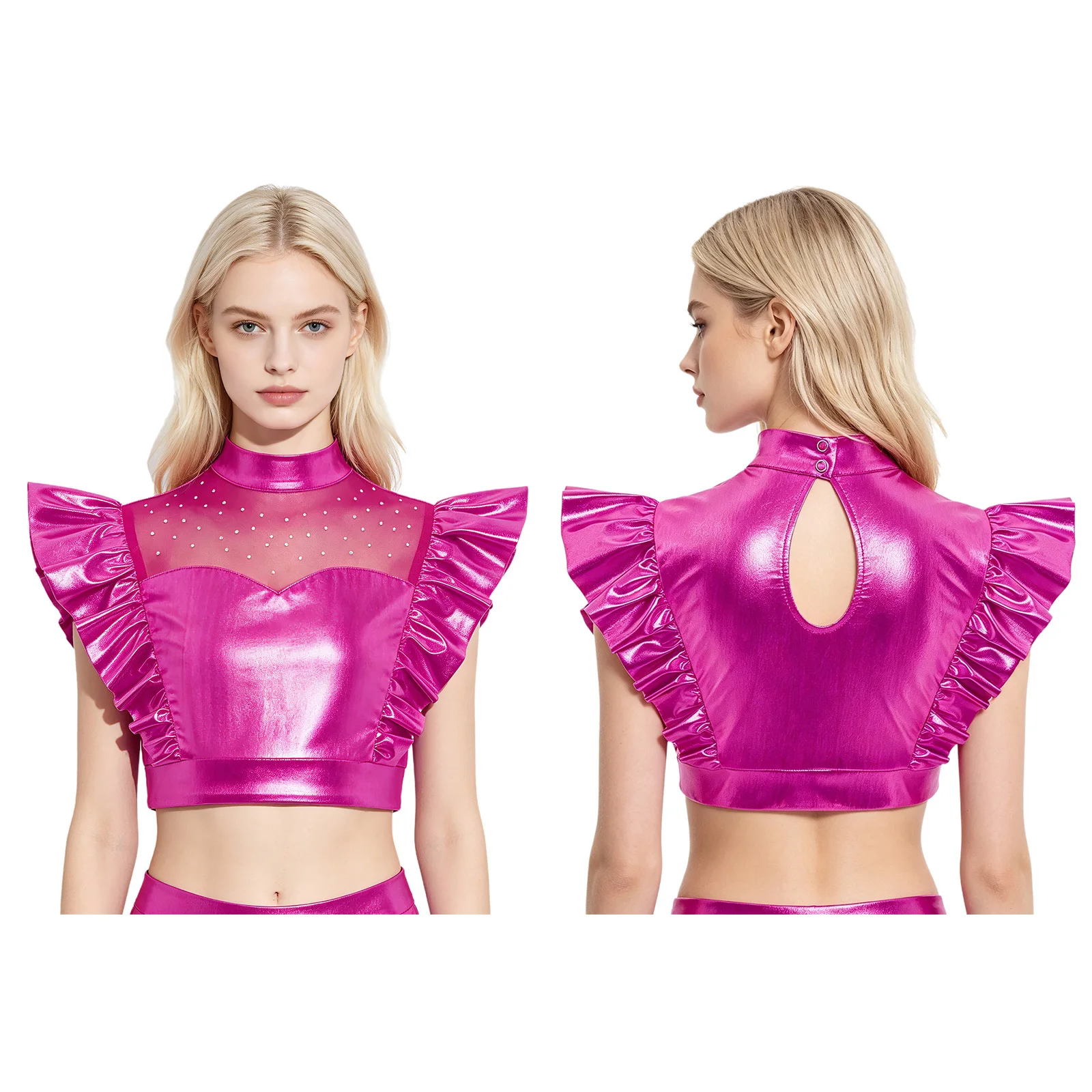 Women Metallic Dance Crop Top  Mock Neck Mesh Patchwork Rhinestone Ruffled Fly Sleeve Tank Tops Jazz Hip Hop Top Dancewear