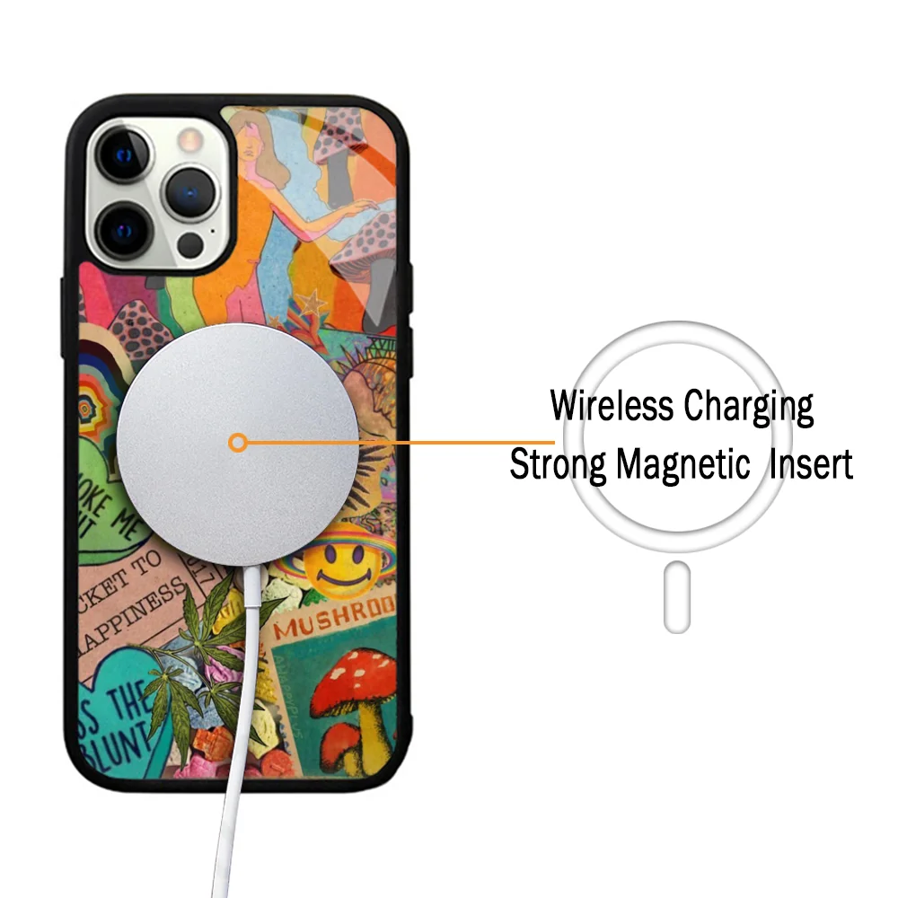 Trippy Psychedelic Mushrooms Collage Case For IPhone 11 12 13 14 15 Plus Pro Max Mirror Cover For Magsafe Wireless Charging