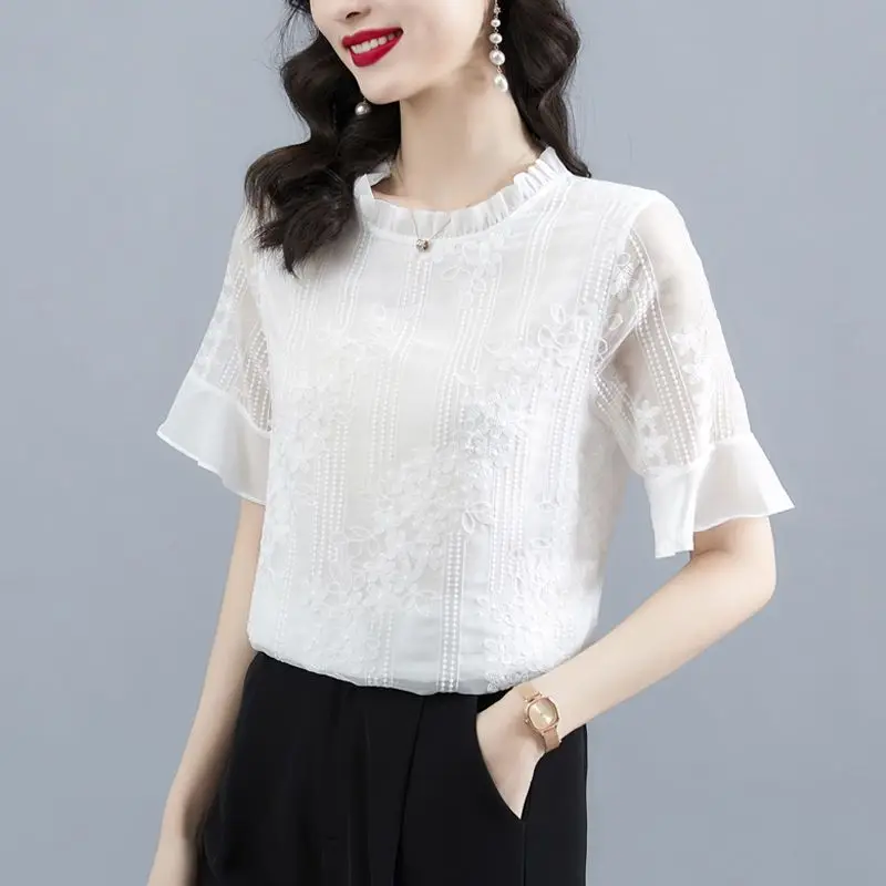 Women Trendy Ruffle Embroidery Sweet Blouses Summer Casual Round Neck Short Sleeve Shirts White Chic Tops Blusa Mujer Moda 2023