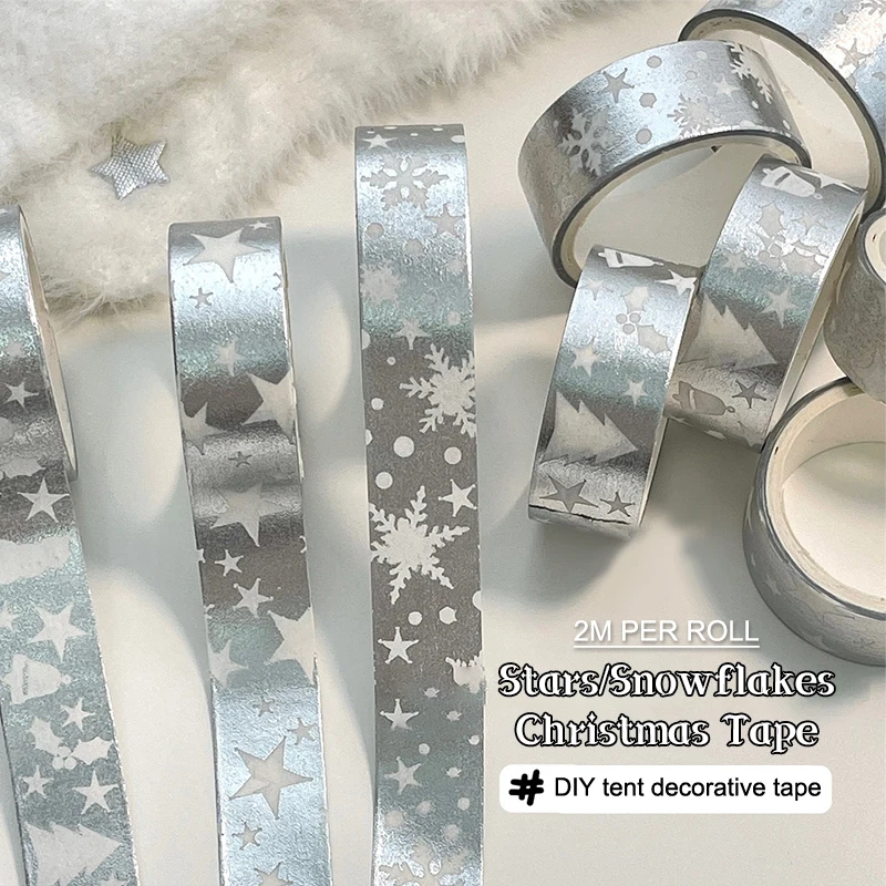 2M Deco Silver Foil Snowflake Stars Christmas Washi Tape For Gift Wrap Journal Masking Tape Cute Stationery New 1PC