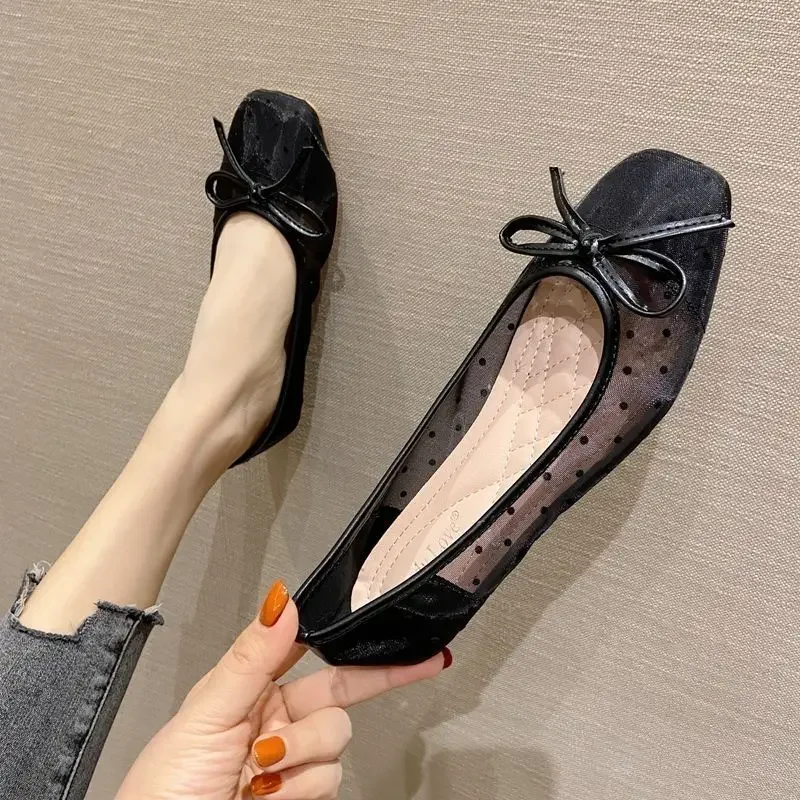 Shoes for Women 2024 Flat Ladies Summer Footwear with Bow Clear Transparent Black Flats Square Toe on Offer Non Slip 39 Shoe E A