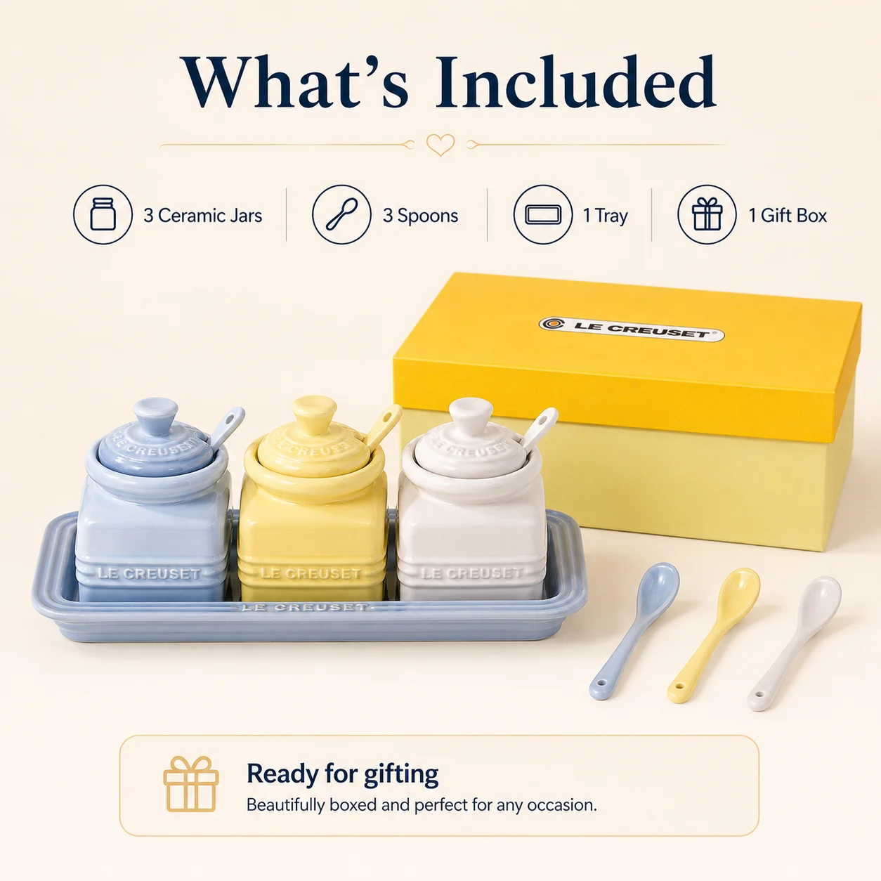 Le Creuset 3 Piece Stoneware Seasoning Pots With Spoons Tray Ceramic Condiment Jar For Kitchen Counter Accessories view 6