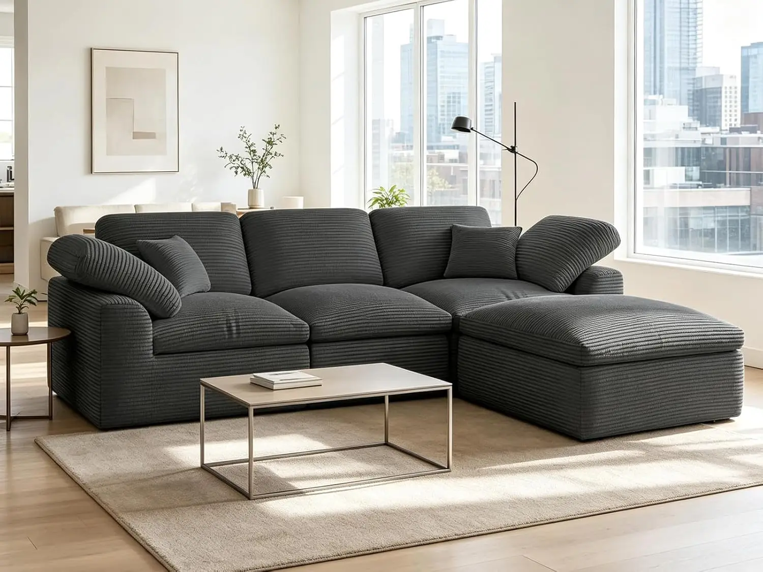 Cloud Sectional Sofa L Shape Modular Ottoman Convertible Corduroy Couch Apartment 4 Seater Boneless Comfy No-Assembly, Customize
