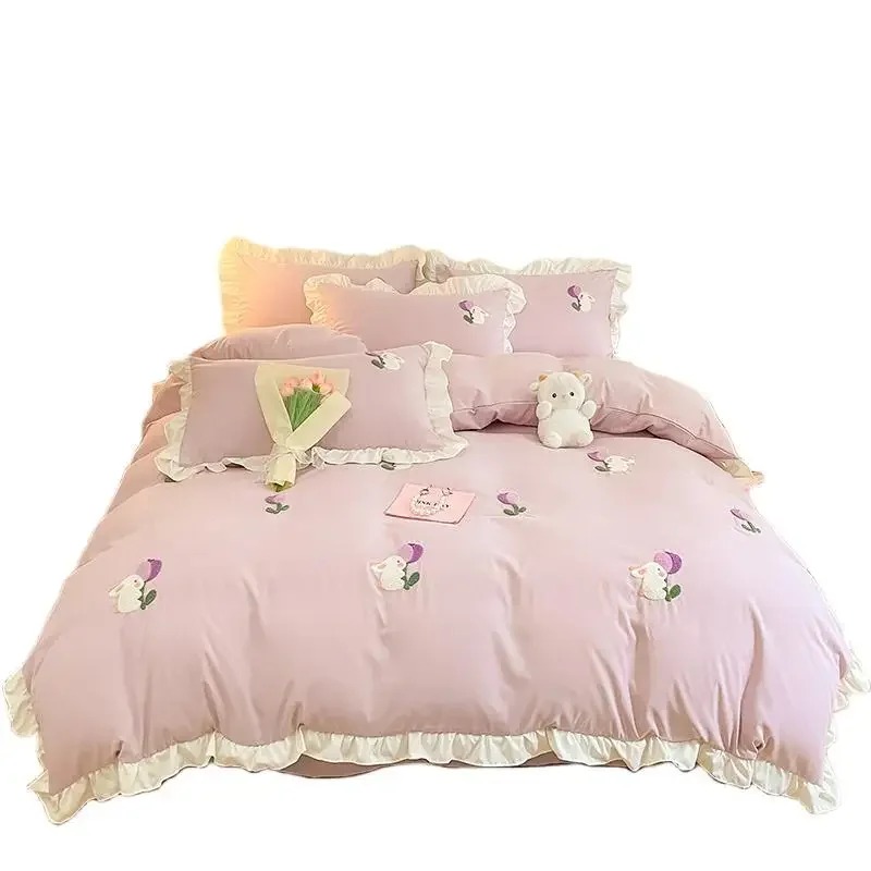 Princess wind washed cotton bed four-piece set girls dormitory bedding lace embroidered quilt cover bed sheet three-piece set