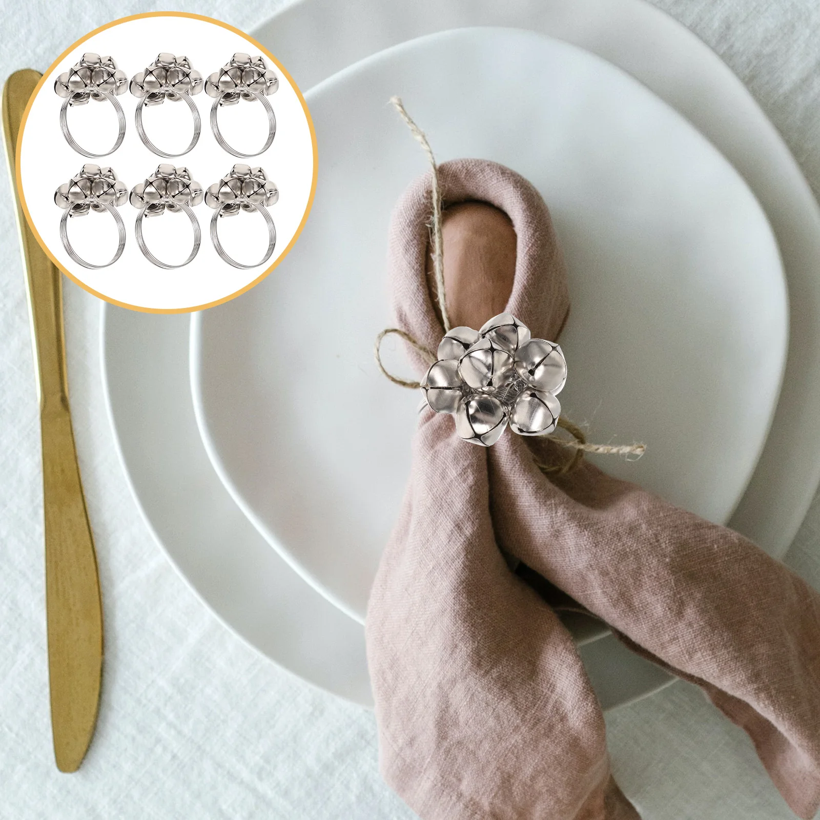

6pcs Bell Rings Jingle Bells Christmas Table Decor Napkin Ring Holder Serviette Buckle Wedding Party Home Use Metal Xmas Napkin