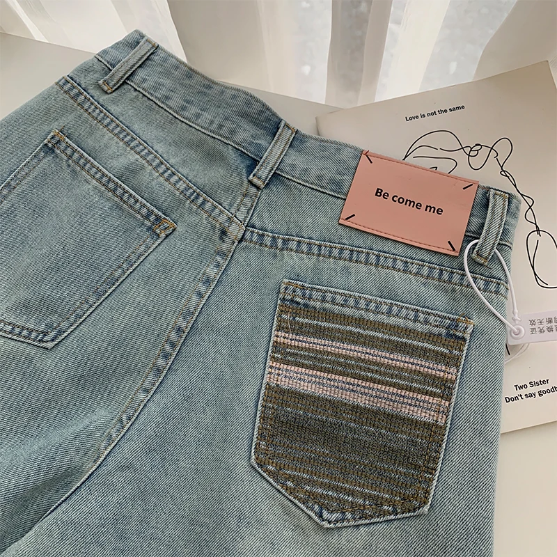 

High Waist A-Line Short Jeans Women's Summer Loose Slimming Floral Embroidery Leather Tag Wide Leg Hot Pants Cotton Blend