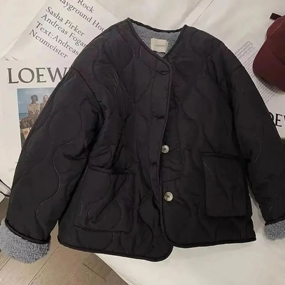 Reversible Faux Shearling Quilted Jacket for Women No Collar, Button Closure, Warm Winter Outerwear