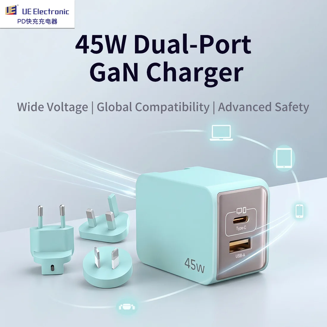 UE 45W GaN Charger Type C Fast Charger 2-Port USB  Wall Charger EU UK US AU Plug Adapte PD, QC, PPS,