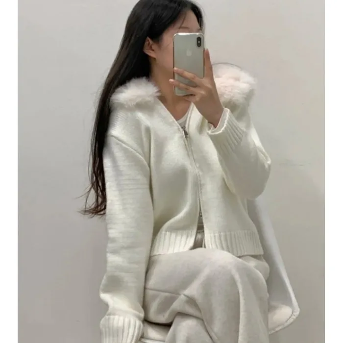 Maglione lavorato a maglia chic Jaet Donna Casual Allentato Lungo Sve Collo in pelliccia grande Maglieria con cappuccio Autunno Inverno Faion Capispalla