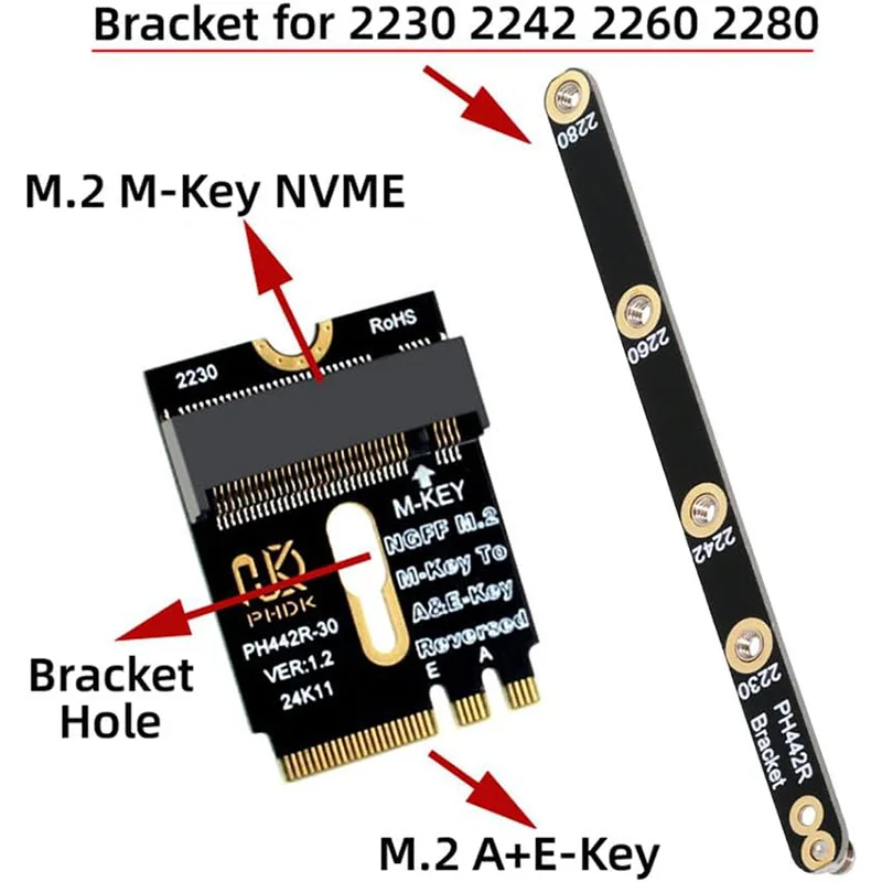 

JoniSerl PCI-E 4.0 NGFF 2230 A+E-Key Male to M-Key Female NVME Extension Adapter with Bracket for SSD 2280 Laptop Mainboard