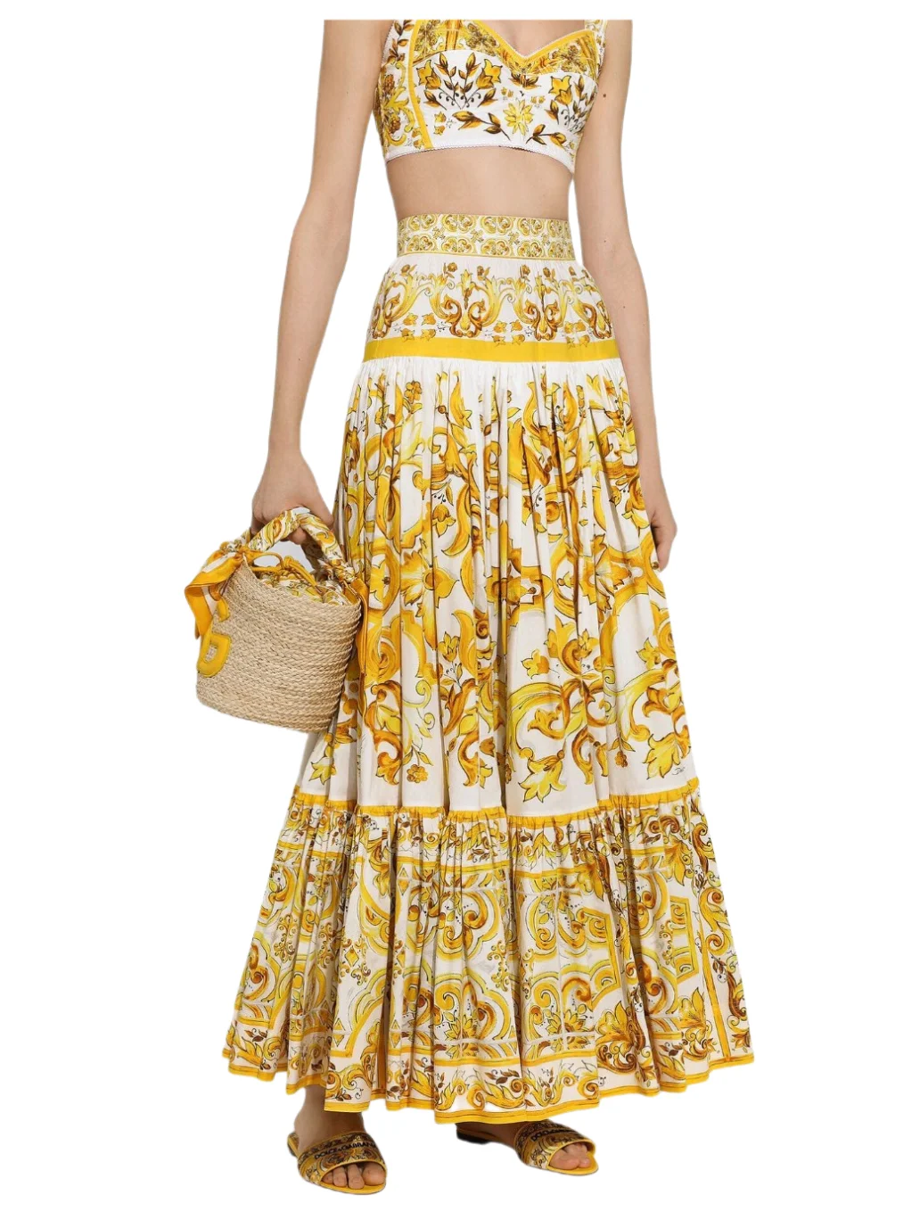 HIGH QUALITY Luxury Designer Summer Women 100% Cotton High Waist Yellow Baroque Print Long Maxi Skirt 2024