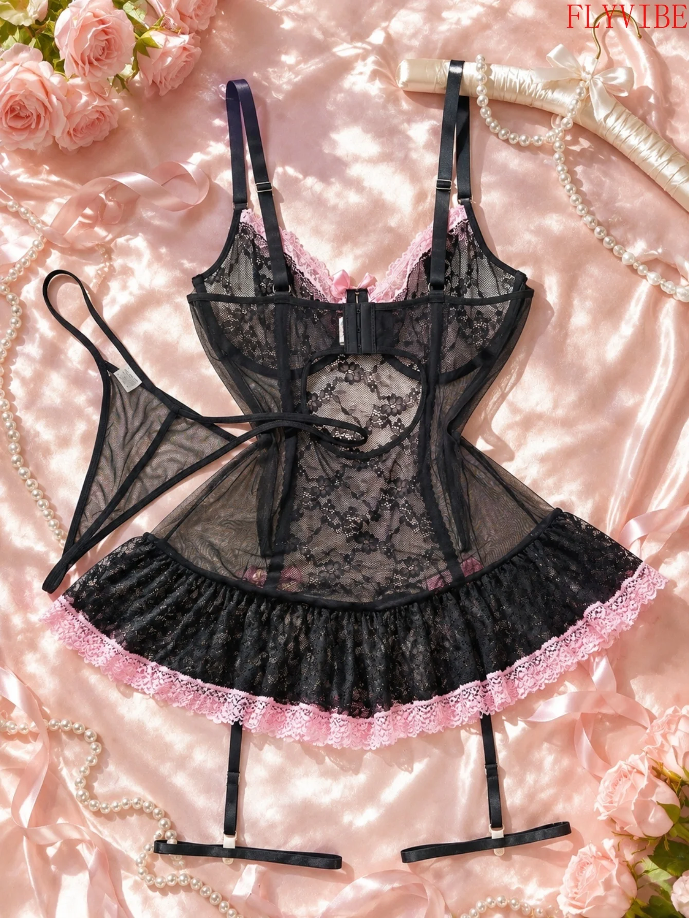 Women Plus Size Sexy Lingerie Set Lace Patchwork Bow Camisole Short Skirt Semi Transparent Panty Garter Leg Straps Romantic Outfit For Valentine Party Evening Occasions