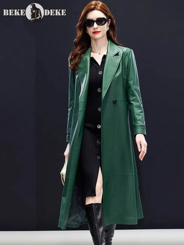 Elegant Women Autumn New Sheepskin Genuine Leather Trench Coat Belted Slim Fit Windbreaker Jacket Business Work Outerwear Coats