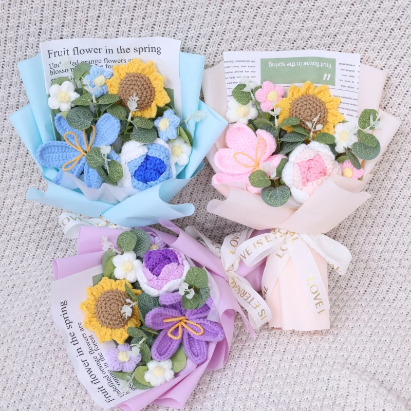 Rose Sunflowers Tulip Artificial Flowers Crochet Finished Knitted Bouquets Valentine Mothers' Day Birthday Graduation Gift
