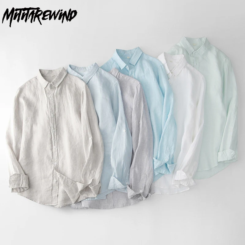 

Spring Summer 100% Linen Shirts Men Daily Casual Plain Shirt Square Collar Long Sleeve Men Shirt Breathable Simple Top Versatile