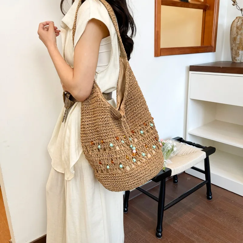 Summer Woven Straw Vacation Shoulder Bags Colorful Beads Bohemian Style Handbags Drawstring Lightweight Shoulder Bag for Women