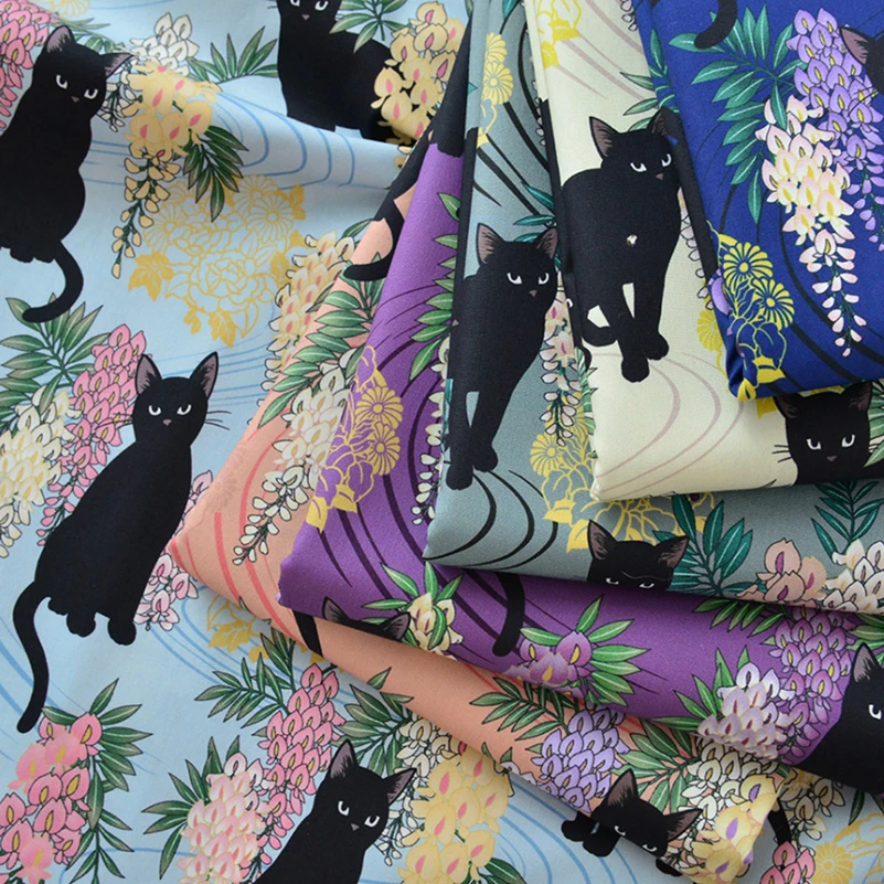 Stretch Poplin Cotton Fabric 50S Black Cat Printed for Sewing Clothes DIY Handmade by Half Meter