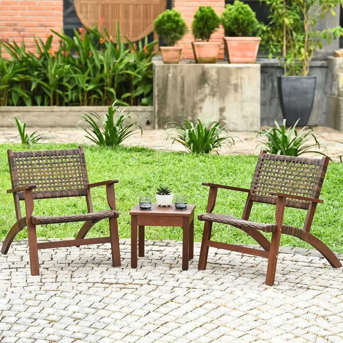 3 PCS Patio Conversation Set, Solid Eucalyptus Wood Frame Outdoor Wicker Furniture Set Bistro Set