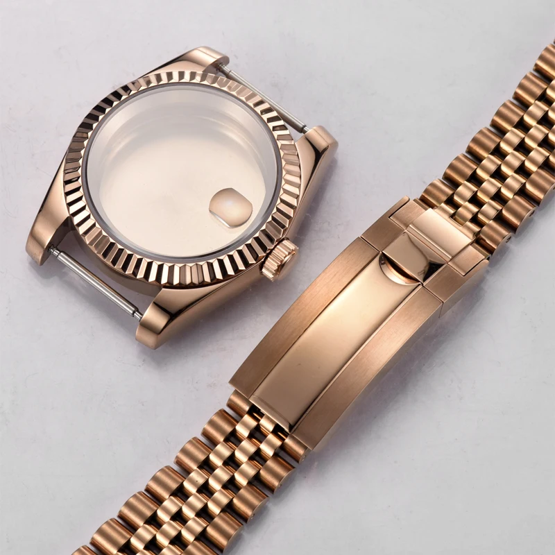 NH35 Watch Case Rose Gold Grooved 39mm Stainless Steel Shell, Sapphire Glass Compatible 28.5mm Dial Watch Mod Accessories