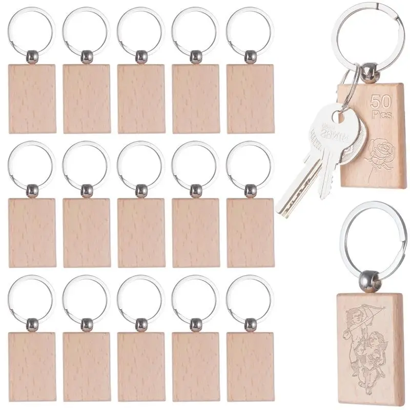 50Pcs Wooden Keychains Engraving Blanks Wooden Blank Keychains Wood Key Chain Bulk Wooden Key Ring Key Tag For DIY Gift Crafts