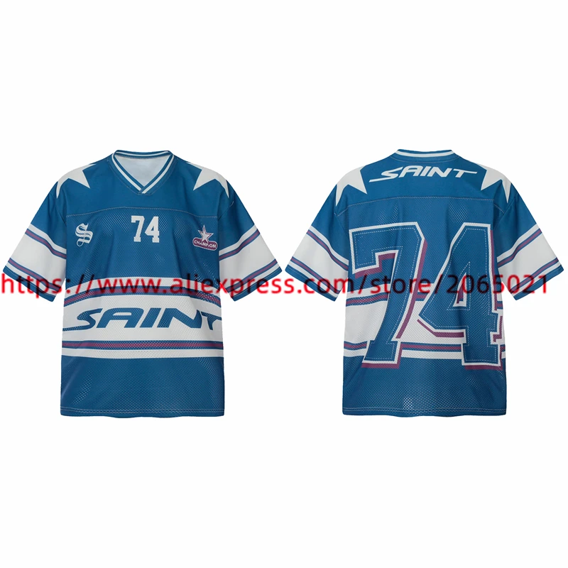 الصيف الأسود سانت تي شيرت الرجال النساء أفضل نوعية المحملة القمم عدد 74 الخامس الرقبة المتضخم شبكة تي شيرت