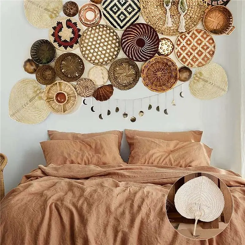 4X Natural Handmade Straw Fan Hand-Woven Palm Leaf Hand Woven Summer Cooling Mosquito Hand Fans Farmhouse Decor