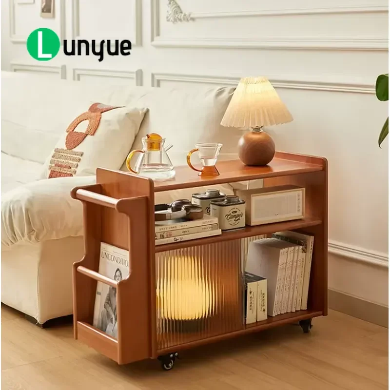 Modern Solid Wood Coffee Table with Storage and Wheels Removable Side Table Portable Living Room Furniture Easy to Move
