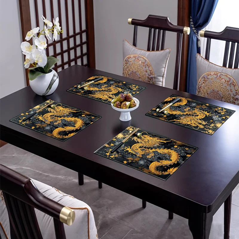 VIKAMA Chinese Golden Dragon Placemat Oriental Style Linen Table Mat Retro Heat Resistant Dining Table Household Decor